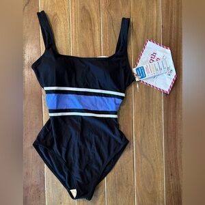 Vintage 90’s Sears Black One-Piece Swimsuit with Blue Stripe and White Trim.
